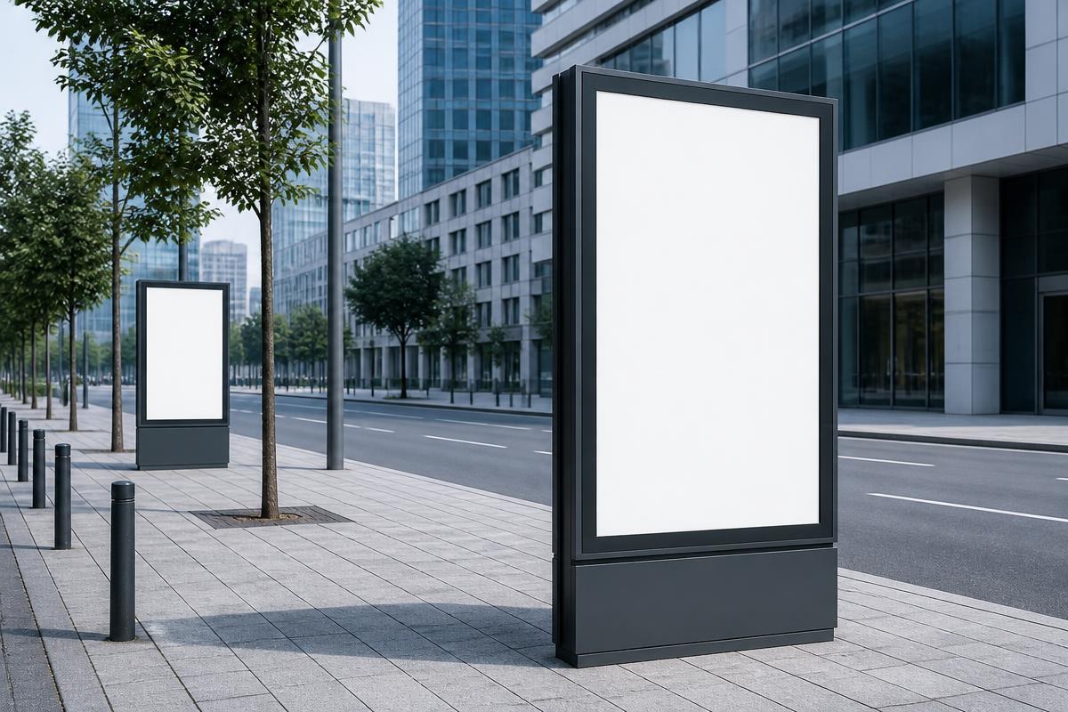 Painéis de mídia exterior sem conteúdo em avenida urbana, representando espaços publicitários