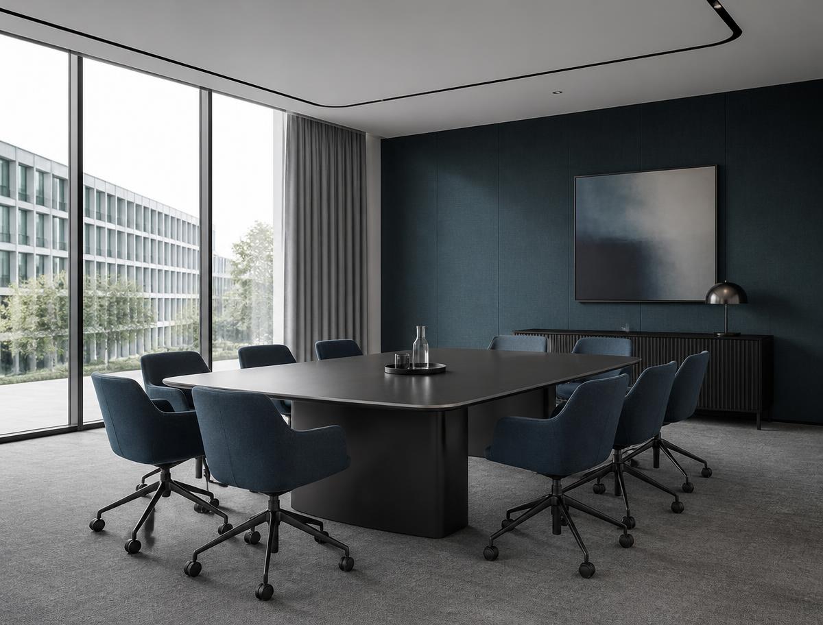 Sala de reunião corporativa moderna, em tons neutros e azul-petróleo
